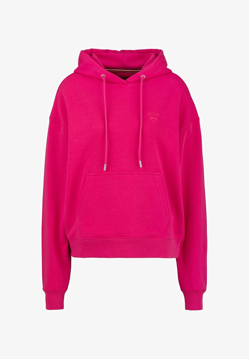 Fuchsia pullover hoodie van zachte katoen, met een voorzak, trekkoorden en een grote, relaxte pasvorm met geribbelde boorden.