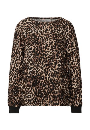 Suéter de estampado de leopardo en tonos marrones, negros y beige. Presenta un cuello redondo y mangas largas con puños de ribete negro. Textura de tela suave.
