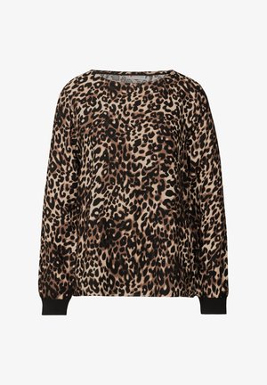 Pigeonsparket pullover i brune nuancer med leopardprint. Har en rund halsudskæring og lange ærmer med sorte ribben cuffs. Blødt stof.