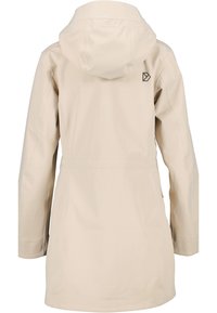 Béžová nepromokavá bunda s kapucí, s elegantním designem, bočními švy a černým logem na zádech. Hladká textura.