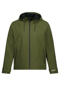 Olivengrøn vandtæt jakke med hætte, frontlynlås, to sidelommer og elastiske manchetter. Har et logo på brystet.