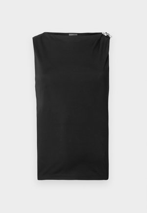 Černý bezrukávový top s volným střihem, vyrobený z hladkého materiálu. Obsahuje decentní zip na rameni. Jednoduchý a moderní design.