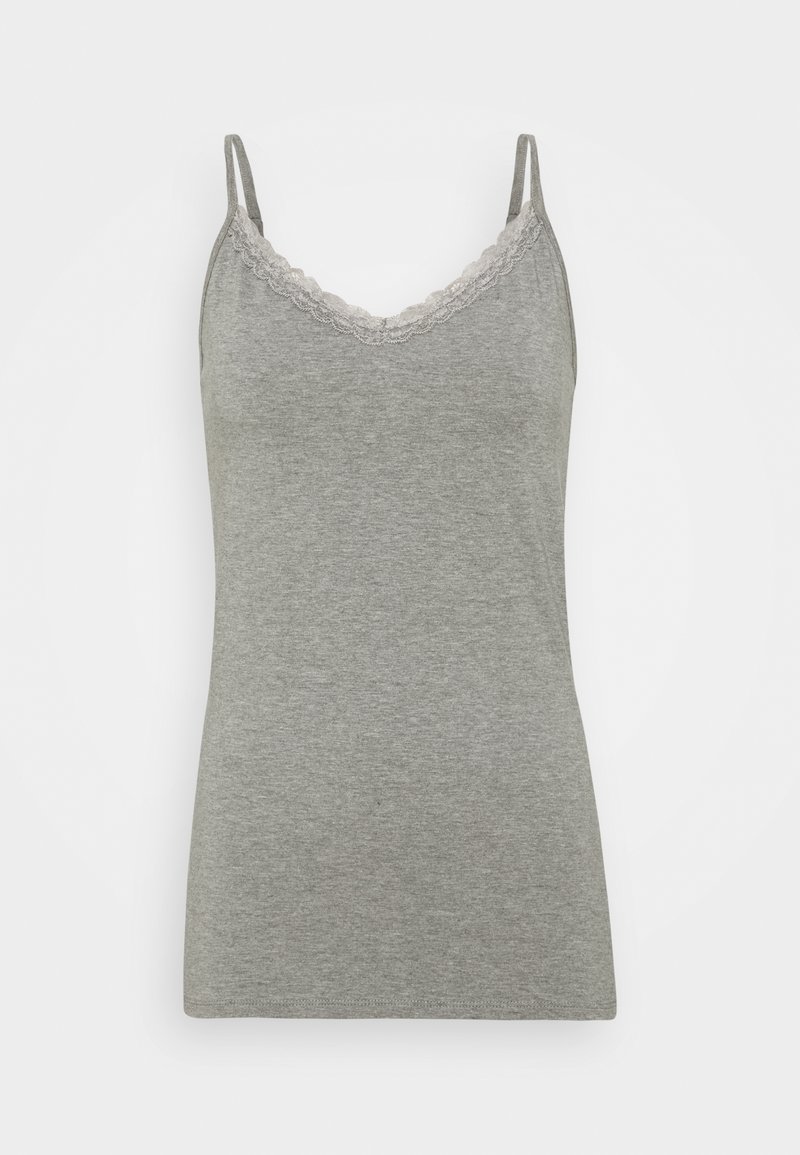 Haut camisole gris sans manches pour femme avec fines bretelles et bordure en dentelle le long du décolleté en V, présenté sur fond blanc.