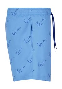 Shorts de bain bleu clair avec une taille à cordon, ornés d'un motif abstrait bleu foncé en répétition et de poches latérales.