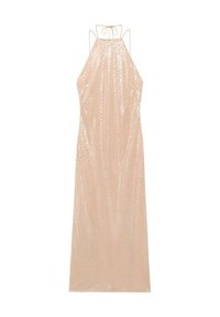Vestido largo sin mangas en beige claro con cuello halter y lazo en la espalda. Cubierto de lentejuelas, con una silueta fluida y textura suave.