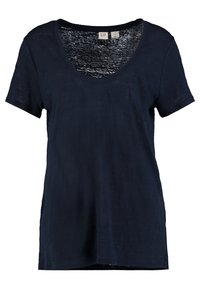 Mörkblå V-ringad t-shirt i lätt tyg, med korta ärmar och en avslappnad passform med en subtil textur.