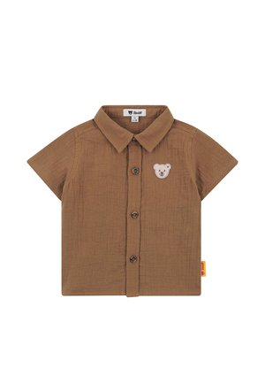 Brown short-sleeve baby shirt with collar, front buttons, and small teddy bear patch on the left chest.