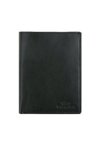 Portefeuille en cuir noir avec une texture lisse, design bi-fold et logo embossé dans le coin inférieur droit. Forme compacte et structurée.