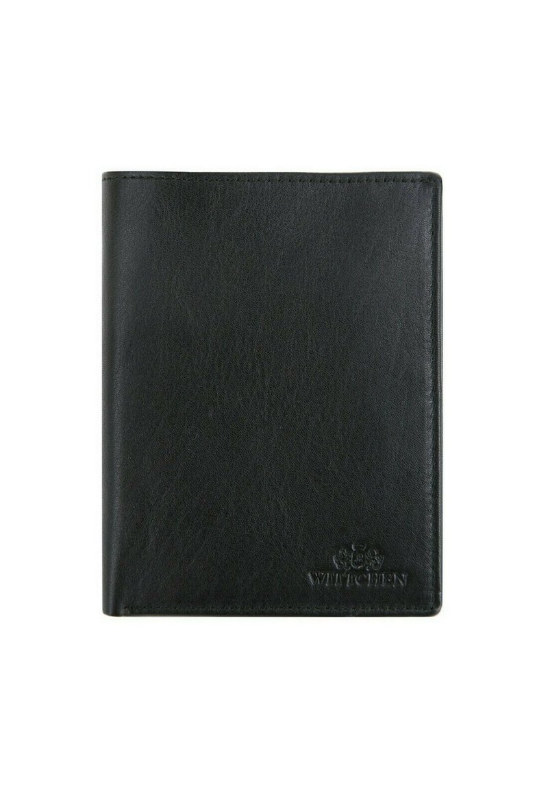 Portefeuille en cuir noir avec une texture lisse, design bi-fold et logo embossé dans le coin inférieur droit. Forme compacte et structurée.