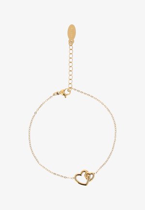 Fijne gouden kettingarmband met twee in elkaar grijpende hartcontouren en verstelbare sluiting met verlengketting en klein label.