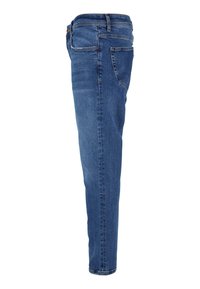 Modré denimové džínsy so slim fit strihom, obsahujúce päť vreciek, pútka na opasok a mierne vyblednutú textúru. Dizajn je jednoduchý a klasický.