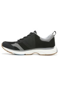 Black athletic shoe featuring a smooth synthetic upper with gray accents, a cushioned white midsole, and a textured rubber outsole.
