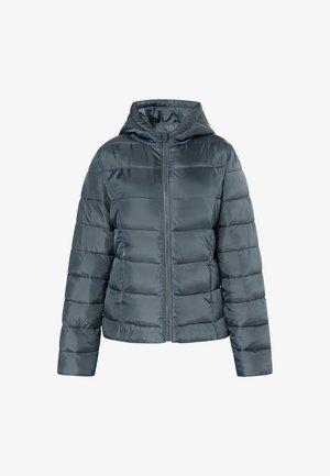 Dunkelgraue Pufferjacke mit Kapuze, Frontreißverschluss, gestepptem Muster und weichem, glänzendem Material. Ausgestattet mit langen Ärmeln.