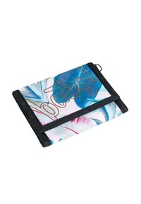 Wallet with a floral pattern in blue and pink, made from synthetic fabric, featuring black trim and a cursive brown logo design.