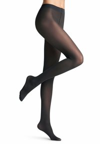 Schwarze, transparente Strumpfhosen mit glatter Textur, hohem Bund und semi-opakem Finish, die eng am Bein anliegen.
