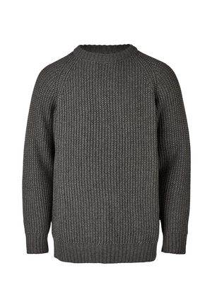 Grauer Strickpullover mit geripptem Muster, Rundhalsausschnitt und langen Ärmeln. Hat eine lockere Passform und ist durchgehend einfarbig.