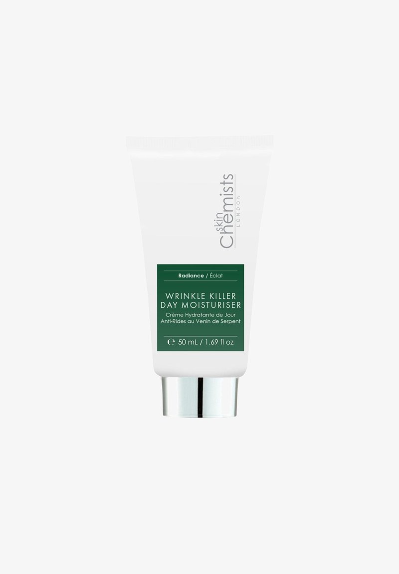 White tube of Skin Chemists London Wrinkle Killer Day Moisturiser, 50ml, with green label and silver cap on white background.