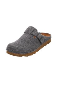 Zoccoli grigi in feltro con una suola robusta marrone, caratterizzati da un dettaglio con fibbia laterale e un design aperto sul retro per una facile calzata e comfort.