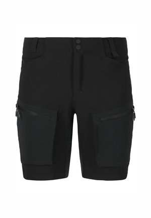 Schwarze Shorts mit taillierter Passform, aus strapazierfähigem Stoff gefertigt. Verfügt über zwei Fronttaschen und zwei seitliche Reißverschlusstaschen.