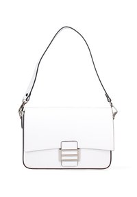Borsa a spalla rettangolare bianca con chiusura rettangolare argentata e una sola tracolla regolabile con ganci metallici.
