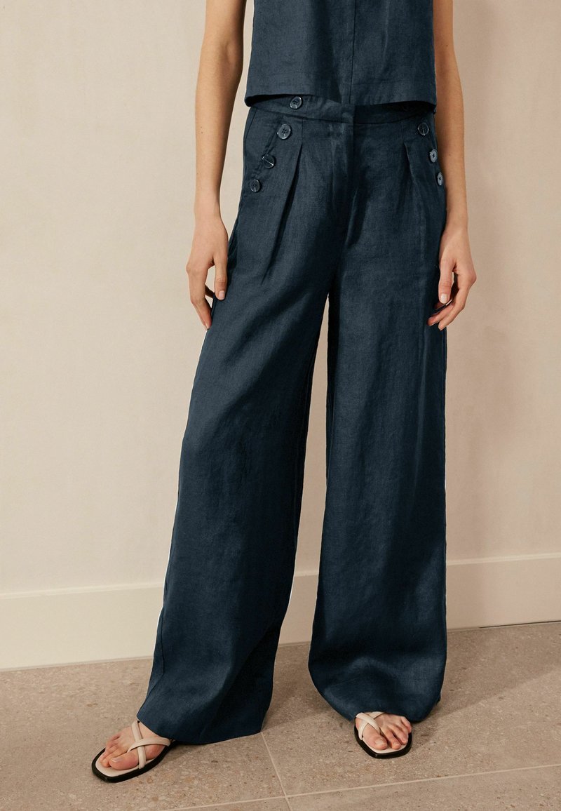 Next 100% LINEN BUTTON WIDE LEG TROUSERS  - REGULAR FIT - Auduma bikses - navy blue