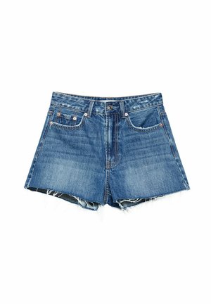Denim shorts in medium blue with frayed hem, featuring five pockets, belt loops, and copper-tone button and rivets detail.