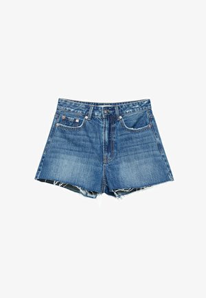 Denim shorts in medium blue with frayed hem, featuring five pockets, belt loops, and copper-tone button and rivets detail.