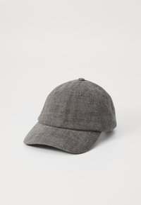 Gray fabric baseball cap with a curved brim, featuring a textured weave and six ventilation eyelets. Solid color with no patterns.