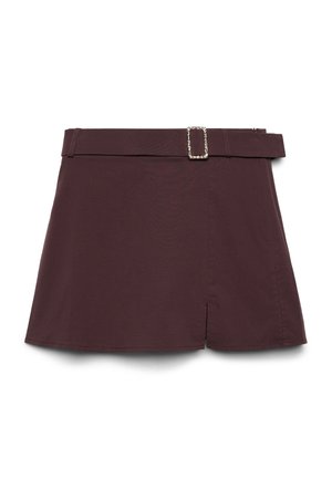 Mini-jupe marron foncé à coupe droite, avec une fente latérale et une ceinture assortie dotée d'une boucle rectangulaire en métal argenté.