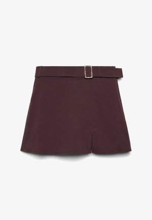 Dark brown mini skirt with a straight cut, side slit, and matching belt featuring a rectangular, silver-tone buckle.