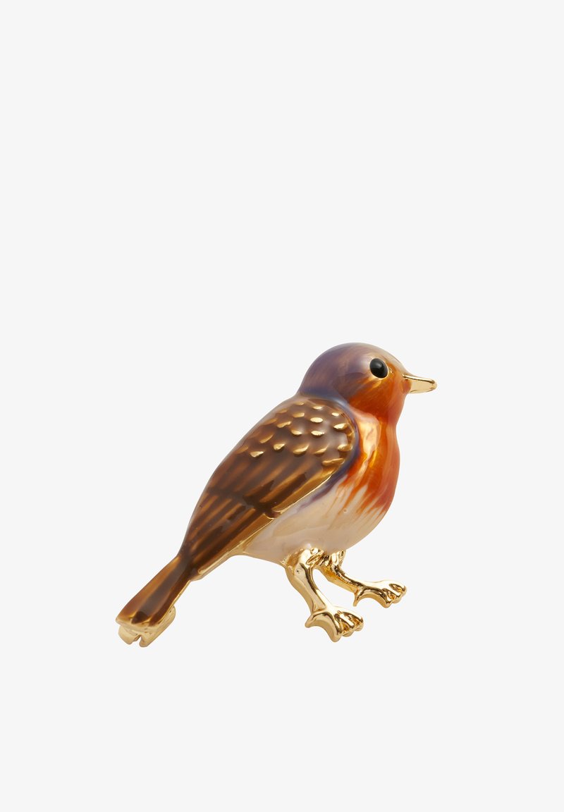 Ceramic bird figurine with a brown and orange color gradient; glossy finish, gold accents on feet and beak, detailed feathers.