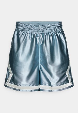 Light blue shiny athletic shorts with elastic waistband and white trim along the hem and sides, shown on a plain background.