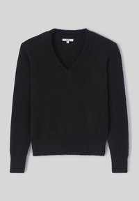 Pull noir à col en V fabriqué en tissu doux et texturé. Caractéristiques des manches longues et des poignets et ourlet côtelés pour un look ajusté.