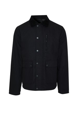 Veste noire en tissu texturé, avec un col et une fermeture à bouton-pression, deux poches avant et une petite poche zippée.