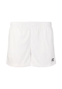 Vita atletiska shorts med elastisk midja, som har en svart logotyp "FZ" på nedre vänstra sidan och ett slätt, lätt tyg.