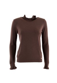 Maglione marrone lavorato a maglia con colletto arricciato, motivo a pois texture, maniche lunghe e polsini frill con bottoni dorati. Tessuto morbido.