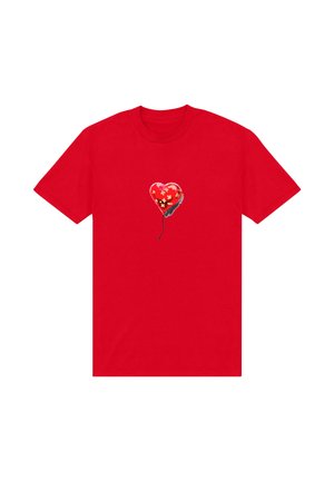 Červené bavlněné tričko s grafikou balónku ve tvaru srdce v odstínech červené, se žlutými květinami a černým provázkem.