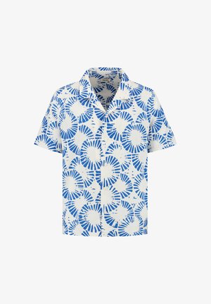 Kratkām piedurknēm krekls no viegla auduma, ar zilu un balto spirāļu rakstu, ar iegriezta tipa apkakli un pogām priekšpusē.