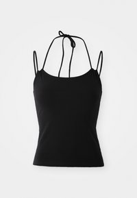 Schwarzes ärmelloses Tanktop mit figurbetontem Schnitt, dünnen verstellbaren Trägern und einem leicht gerafften Ausschnitt vorne, aus weichem Material.
