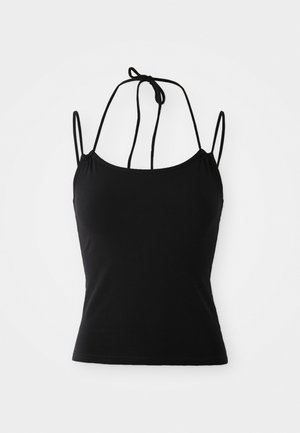 Schwarzes ärmelloses Tanktop mit figurbetontem Schnitt, dünnen verstellbaren Trägern und einem leicht gerafften Ausschnitt vorne, aus weichem Material.