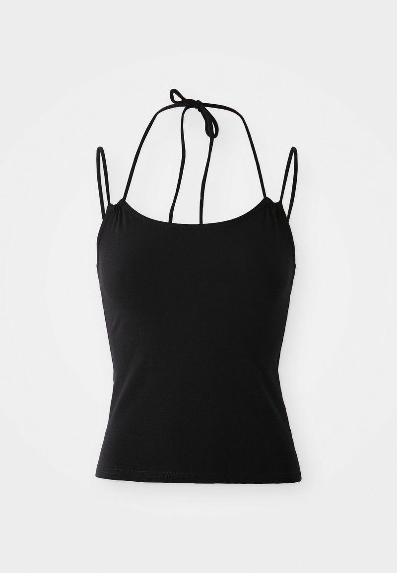 Schwarzes ärmelloses Tanktop mit figurbetontem Schnitt, dünnen verstellbaren Trägern und einem leicht gerafften Ausschnitt vorne, aus weichem Material.