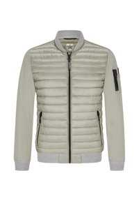 Hellgraue Bomberjacke mit gesteppter Vorderseite, einfarbigen Ärmeln, geripptem Kragen und Bündchen sowie seitlichen Reißverschlusstaschen. Verfügt über eine Ärmeltasche.