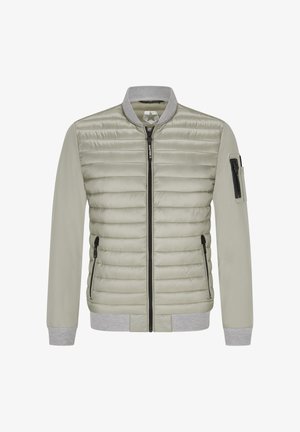 Light grey bomber jacket with quilted front, solid sleeves, ribbed collar and cuffs, and zippered side pockets. Features a sleeve pocket.