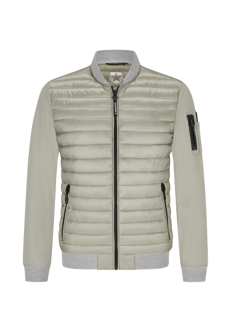 Hellgraue Bomberjacke mit gesteppter Vorderseite, einfarbigen Ärmeln, geripptem Kragen und Bündchen sowie seitlichen Reißverschlusstaschen. Verfügt über eine Ärmeltasche.