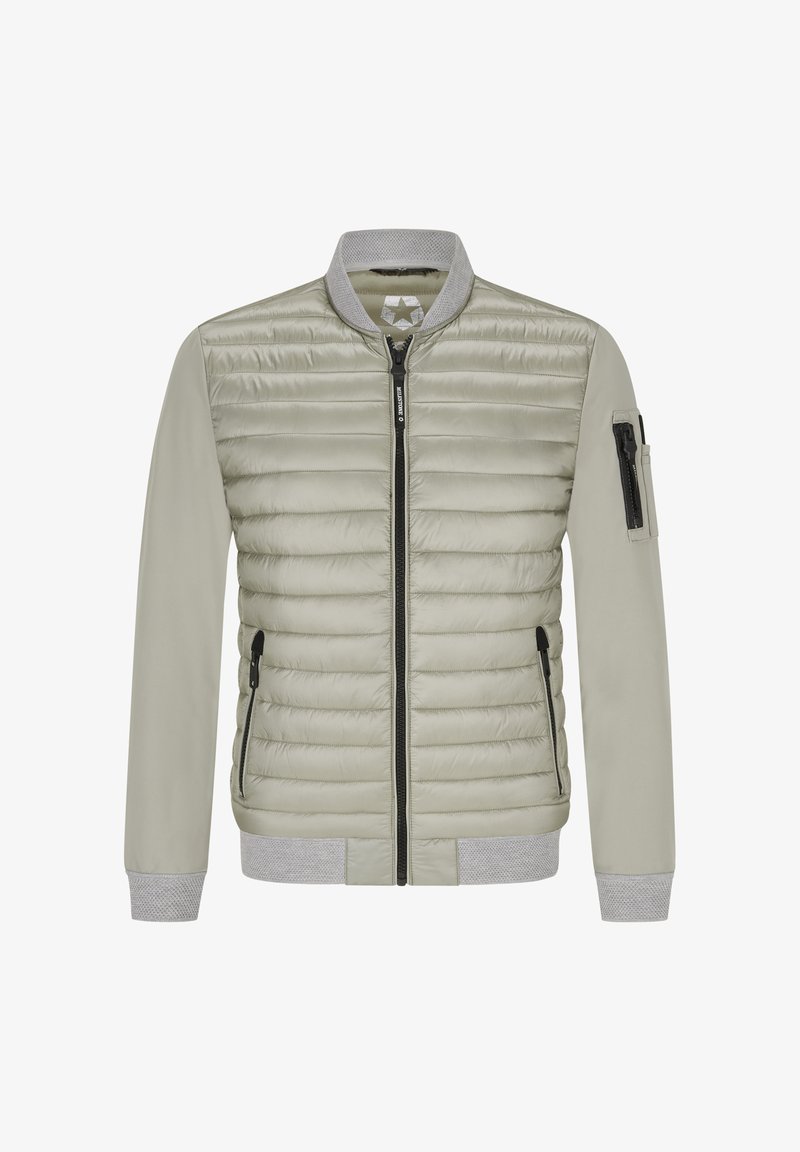 Hellgraue Bomberjacke mit gesteppter Vorderseite, einfarbigen Ärmeln, geripptem Kragen und Bündchen sowie seitlichen Reißverschlusstaschen. Verfügt über eine Ärmeltasche.