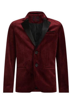 Burgunderroter Samtblazer mit schwarzen Satinrevers, zwei vorderen Knöpfen und drei Taschen, geeignet für formelle Anlässe.