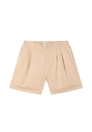 Pantalones cortos beige casual con cintura elástica, cierre de botones, trabillas para cinturón, bolsillos laterales y pliegues delanteros.