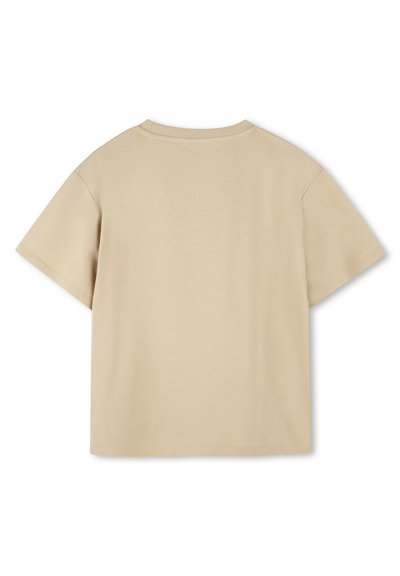T-shirt beige a maniche corte in cotone, con collo rotondo classico e una vestibilità comoda, con cuciture pulite lungo i bordi.