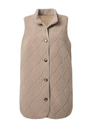 Beige quilted sleeveless vest with a high collar and four dark buttons down the front, made of soft textured fabric.