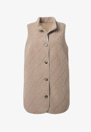 Beige liivi ilman hihoja, jossa on korkea kaulus ja neljä tummanväristä nappia edessä, valmistettu pehmeästä teksturoidusta kankaasta.